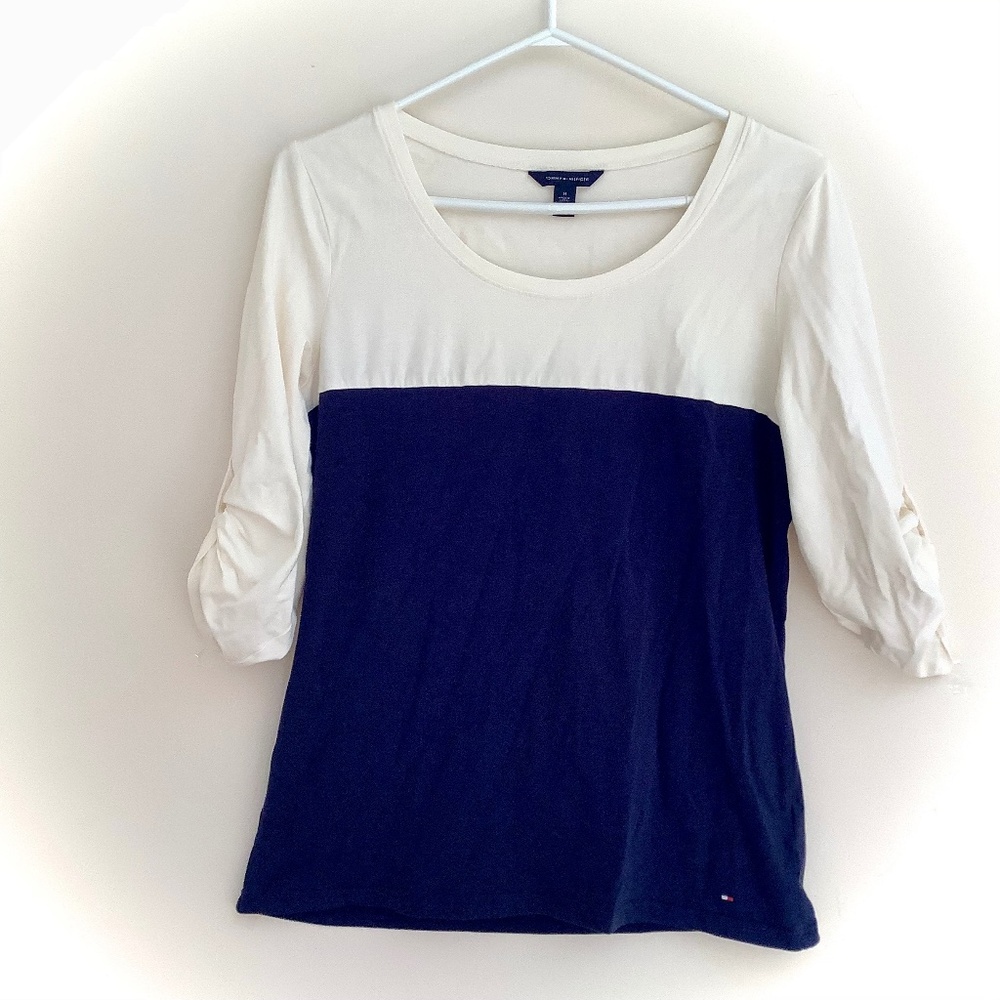 Tommy Hilfiger White and Navy Scoop Neck Top